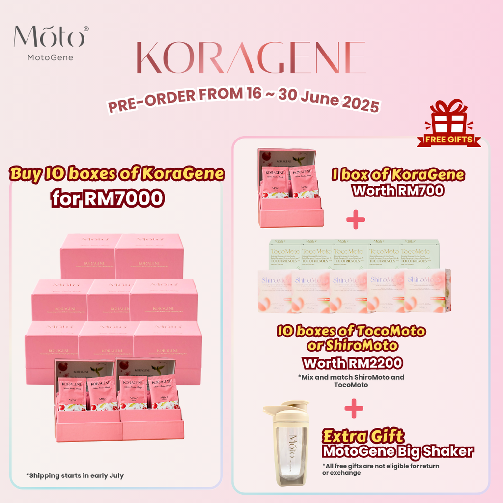 Pre-order Buy 10 boxes KoraGene Free 1 box KoraGene + 10 boxes ShiroMoto or TocoMoto + MotoGene Big Shaker